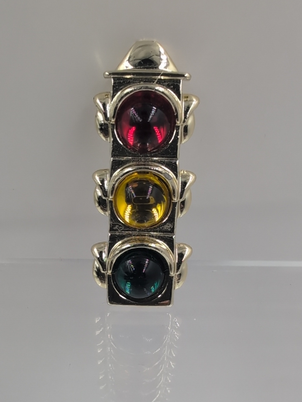 Vintage Gold Tone Novelty Traffic Light Brooch - Red Yellow Green Cabochon - Picture 3 of 8